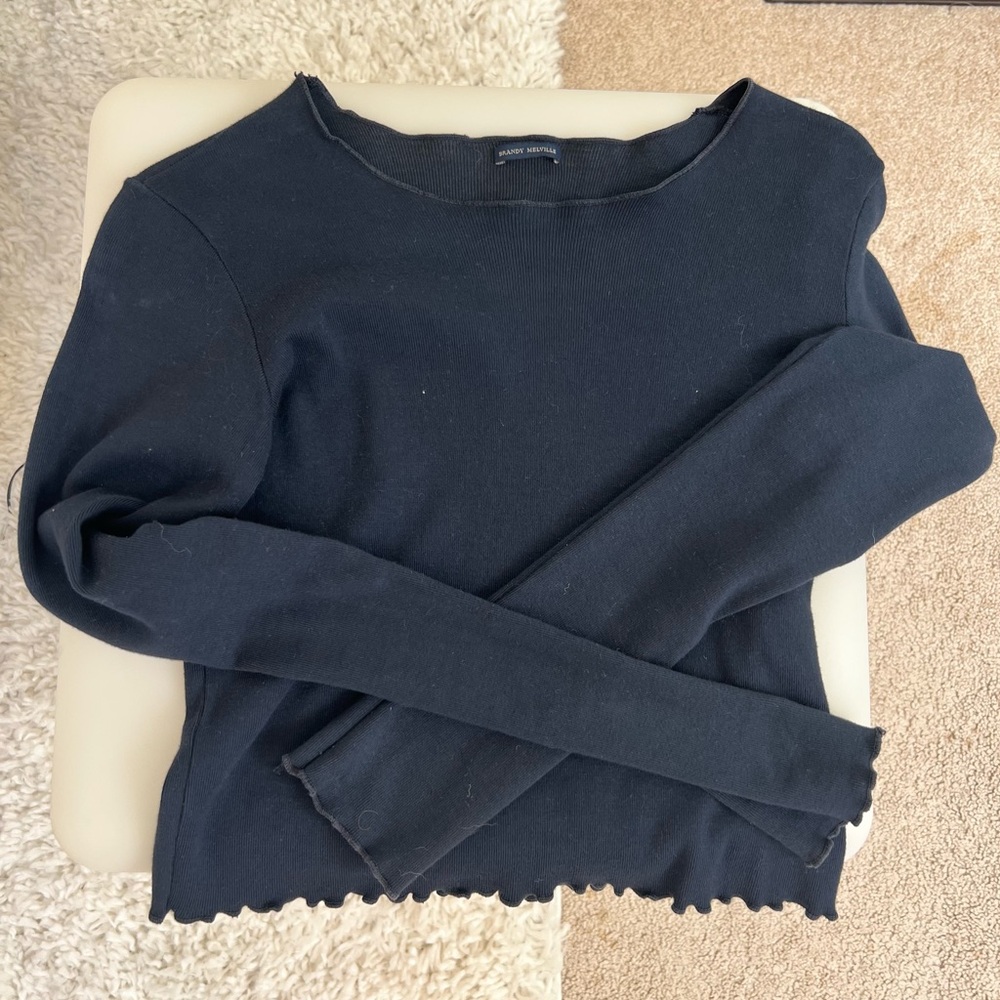 Brandy Melville~ navy ruffle long sleeve top